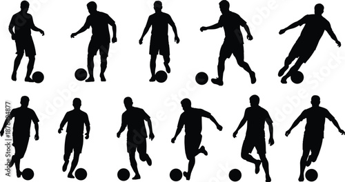 Set of black soccer player silhouettes featuring various football action poses including dribbling running and controlling the ball isolated on a clean white background