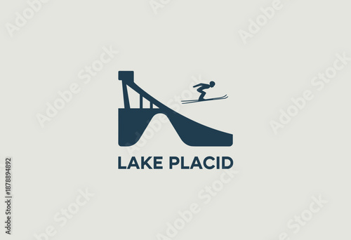 Stylized Logo of Lake Placid Featuring Ski Jumper in Dark Blue Against a Cream Background