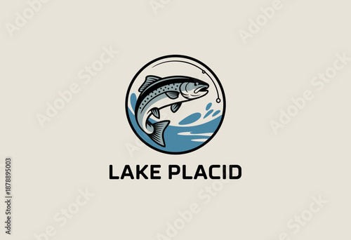 Stylized Logo of a Vibrant Trout in Lake Placid with Light Blue Water Swirls