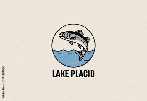 Dynamic Lake Placid Logo Featuring a Leaping Trout with Bold Aquatic Colors