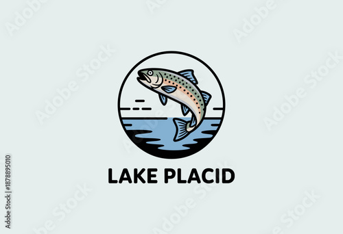 Stylized Logo of a Vibrant Trout in Lake Placid with Light Blue Water Swirls