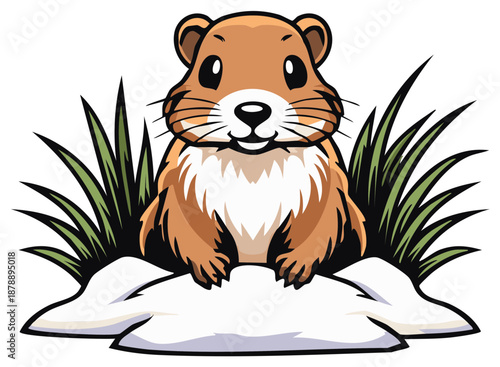 Cartoon prairie dog peering out of its burrow among the tall green grass a charming illustration