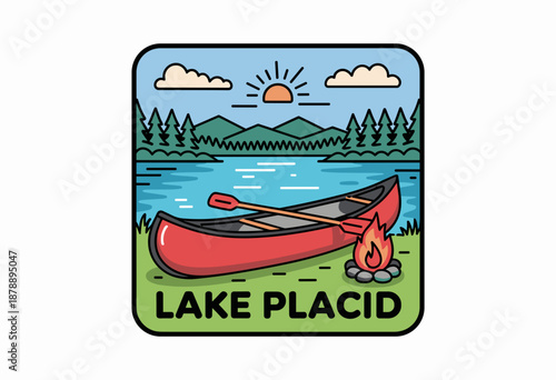 Vibrant Adventure Scene at Lake Placid Featuring a Red Canoe and Campfire Under a Blue Sky