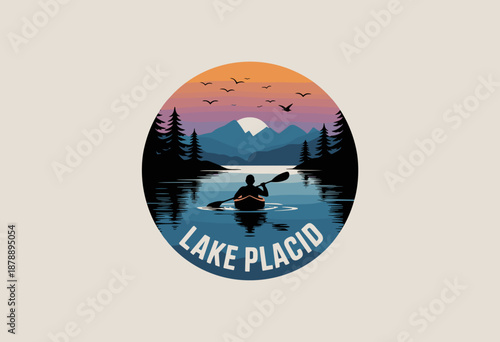Vibrant Adventure Scene at Lake Placid Featuring a Red Canoe and Campfire Under a Blue Sky