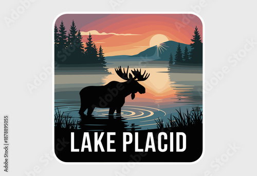 Serene Sunset over Lake Placid with Silhouette of a Moose Amidst Reflections and Trees