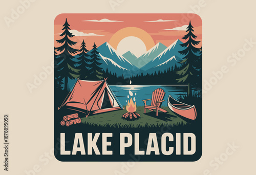 Serene Camping Scene at Lake Placid with Mountains and Sunset Glow
