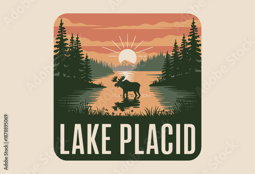 Serene Sunset over Lake Placid with Silhouette of a Moose Amidst Reflections and Trees