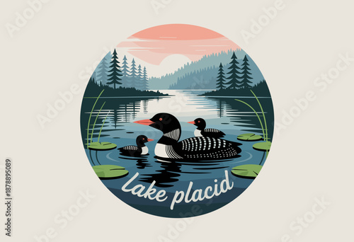 Serene Lake Scene with Loon Family Swimming at Dawn Amidst Tranquil Greenery