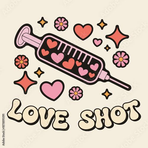 Love Shot Syringe with Hearts and Flowers Flat Illustration