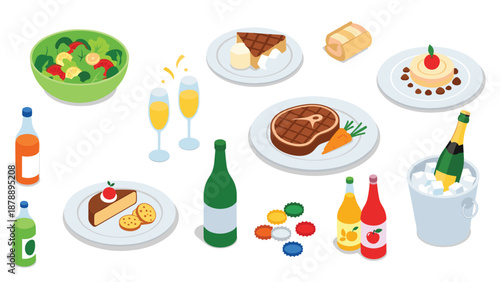 Celebration food and drinks collection features champagne, wine, steaks, salads, desserts, and colorful bottle caps.
