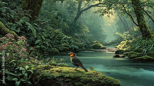 Vibrant Forest Scene with a Bird Near a Stream Surrounded by Lush Greenery and Flowers