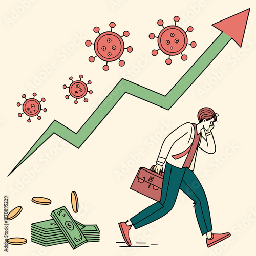 Man walking with briefcase under virus trend line with money