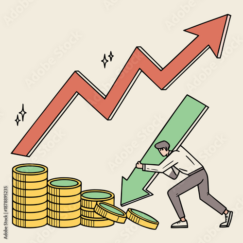 Man pushing down green arrow with coins and red arrow