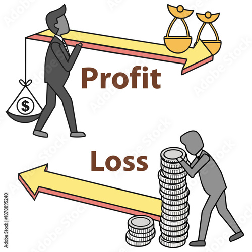 Depiction of businessmen pushing profit and loss on seesaw with money bag and coins