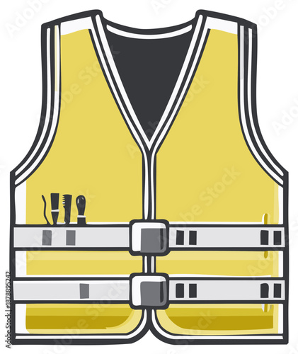 Yellow safety vest with tools and strap closures for work and protection