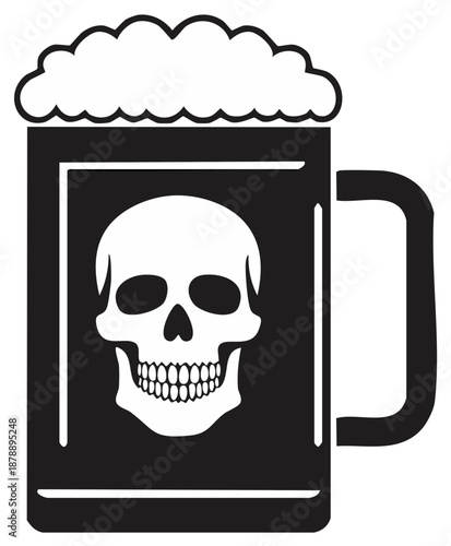 Skull Design on Beer Mug with Foam Head Vector Art Illustration