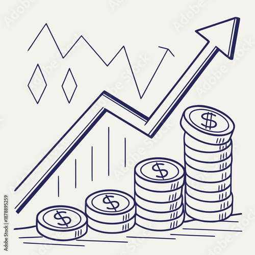 Unstable investment graph with stacks of dollar coins and rising arrow