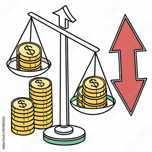 Depiction of profit versus loss with scales and coins