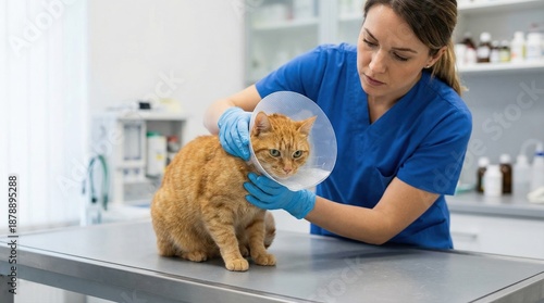 In a well-lit veterinary clinic, a kind veterinarian in blue scrubs gently places a protective cone on a docile ginger tabby cat sitting on a stainless steel examination table.