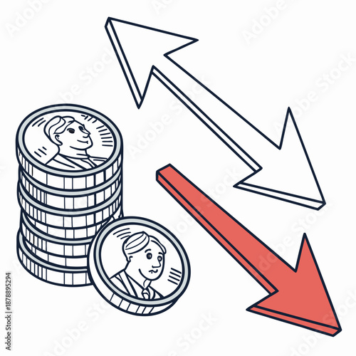 Depiction of profit vs loss using opposing arrows and coins
