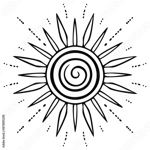 Hand drawn sun symbol with radiating lines and spiral center vector illustration