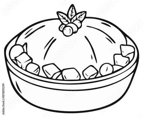 Festive Christmas pudding with berry garnish in a bowl, black and white line art for coloring
