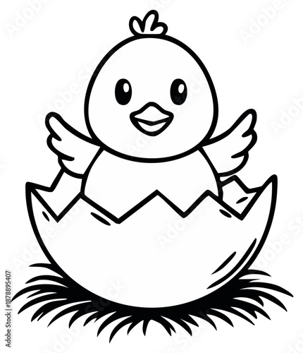 Cute happy chick hatching from eggshell in nest, black and white line art drawing.