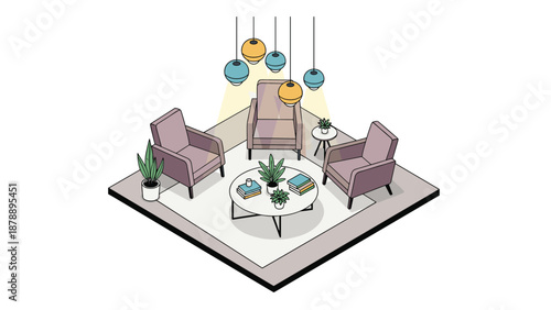 Elegant modern lounge features three purple armchairs, a round coffee table with books, and colorful globe pendant lights.