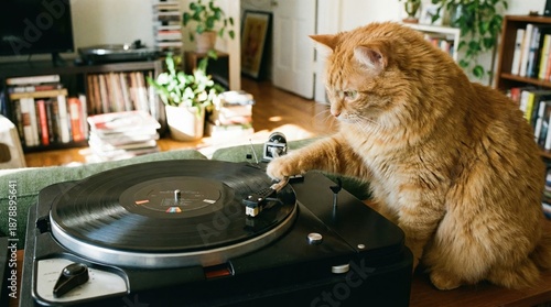 An endearing ginger cat is fascinated by a vintage record player, its paw playfully reaching out to the tonearm, with a backdrop of books and plants in a warm and inviting home atmosphere.