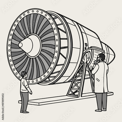 Stylized of two technicians inspecting a large jet engine core