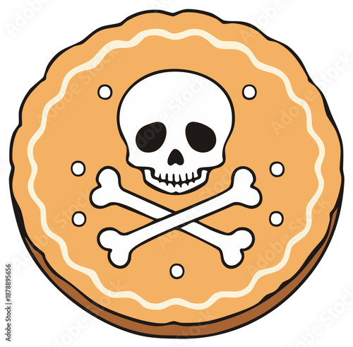 Cartoon style cookie decorated with skull and crossbones for humorously warn about dangerous food allergies