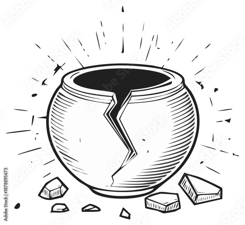 Hand Drawn Illustration of a Cracked Pot Emitting Light and Debris