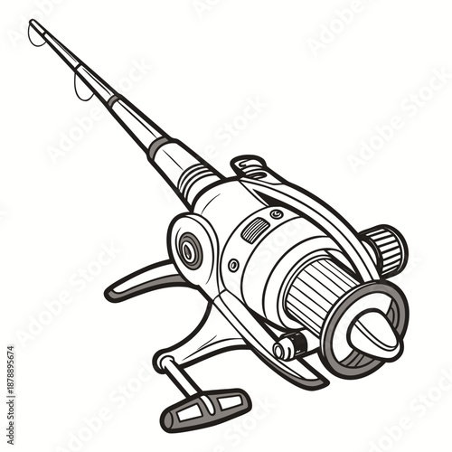 Black and white of a fishing reel with rod fishing rod