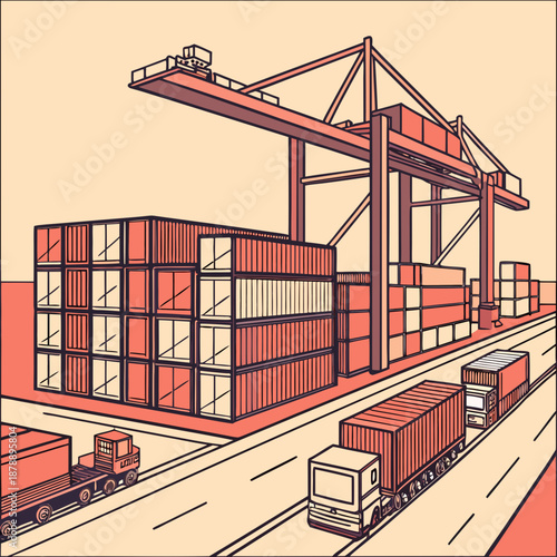 Cargo shipping dock with containers arranged in rows and trucks 1