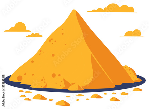Sand pile cartoon illustration against the sky and clouds forming a triangular sand mountain with granules in a minimalistic flat design