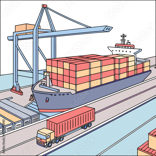 Container ship docked at seaport with cargo crane and truck