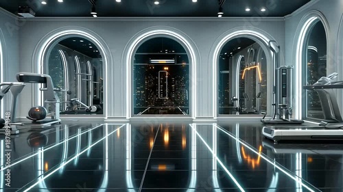 Modern and Sleek Fitness Studio with High-Tech Equipment and Elegant Design Elements
