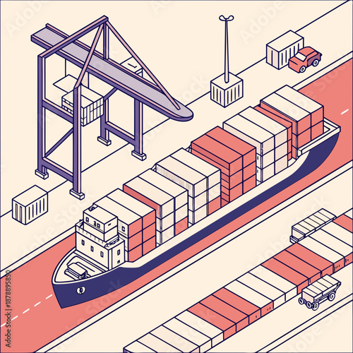 Container ship docked at seaport with cargo crane and trucks