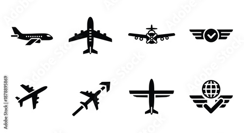 Collection of various black silhouette aircraft and airplane icons in a row