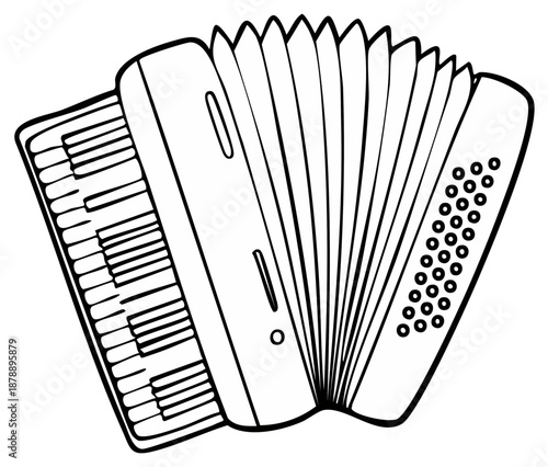 Stylized outline drawing of a musical accordion with keys and bellows