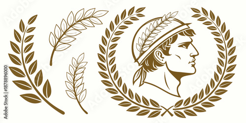 Vector illustration of a golden wheat wreath and laurel branch design featuring cereal grain ears and autumn leaves as a nature symbol for agriculture award decoration