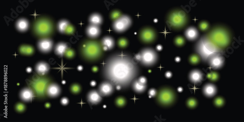 Glowing Green and White Dots on Black Background