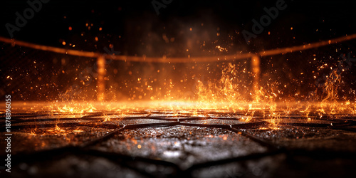 Low angle camera , fight stage with fire effect burning on the ground , action background image.