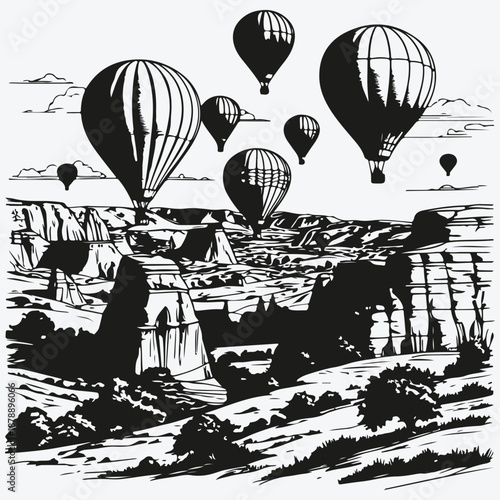 Cappadocia landscapes with hot air balloons sketch illustration vector