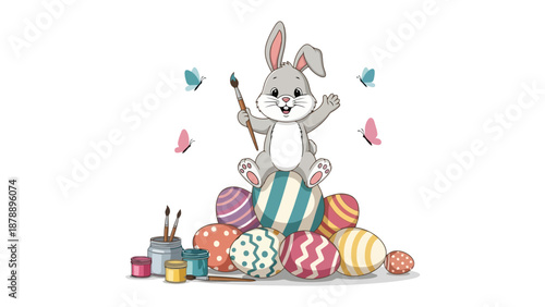A cute cartoon bunny sits on a pile of decorated Easter eggs, holding a paintbrush and surrounded by butterflies and art supplies.