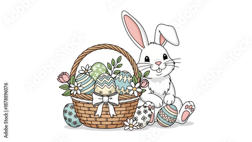 A cute white Easter bunny sits next to a basket overflowing with beautifully decorated Easter eggs and flowers.