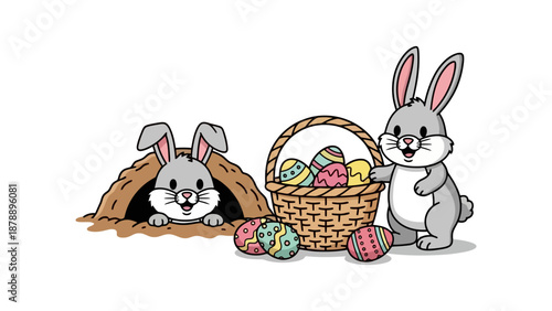 Two cute cartoon bunnies with a basket full of colorful Easter eggs, one peeking out of a burrow.