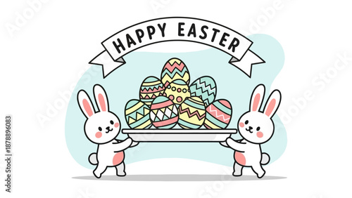 Two cute cartoon bunnies holding a platter of decorated Easter eggs under a banner that says Happy Easter.