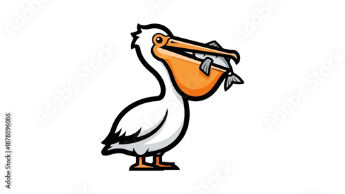 A cartoon pelican with a fish in its beak, depicted in a simple, bold style.