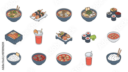 Delicious assortment of Asian cuisine features various ramen bowls, sushi rolls, skewers, bento box, and fruit juices.